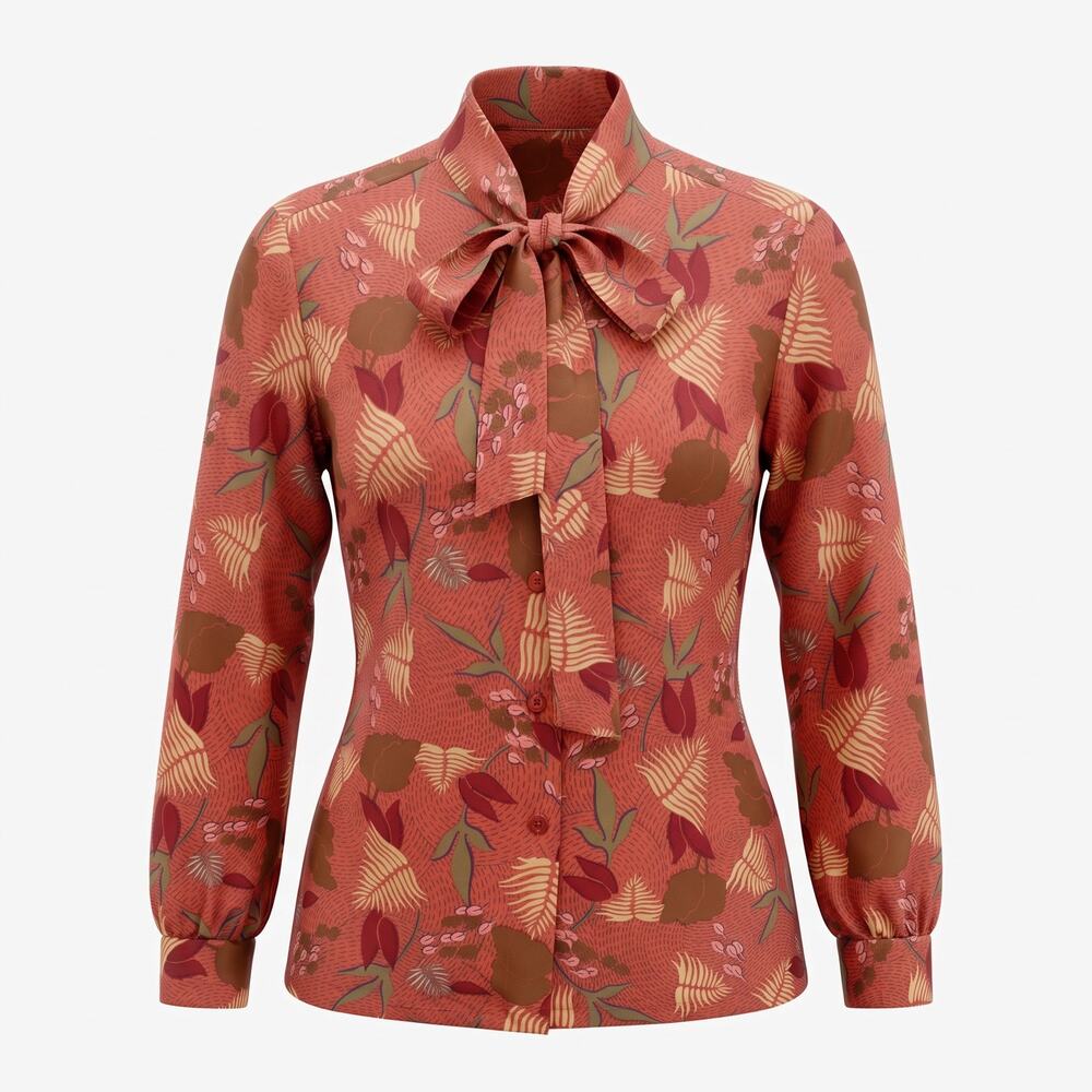 Vtg Graff Californiawear Floral Tie Neck Blouse Womens S Rusty Rose Button Up